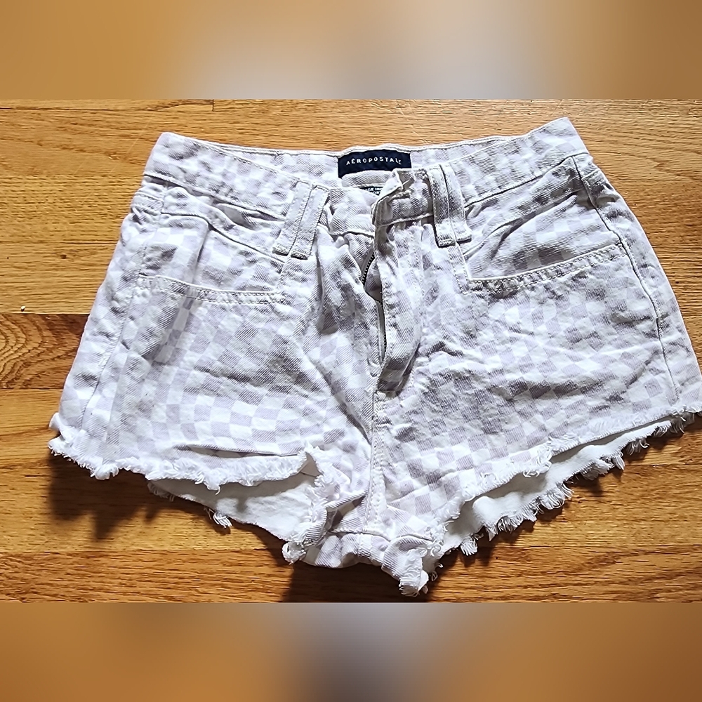 Aeropostale White Checkered Frayed Hem Denim Shorts
